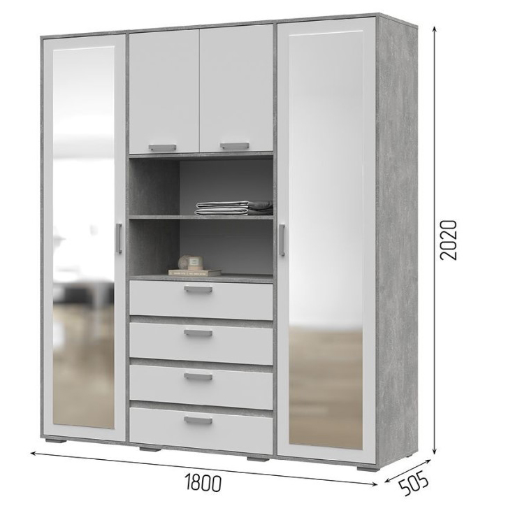 ДЕНВЕР ШК 02 Шкаф с зеркалом (1800 х2020х504) Фасад БЕЛЫЙ/Корпус АТЕЛЬЕ СВЕТЛЫЙ