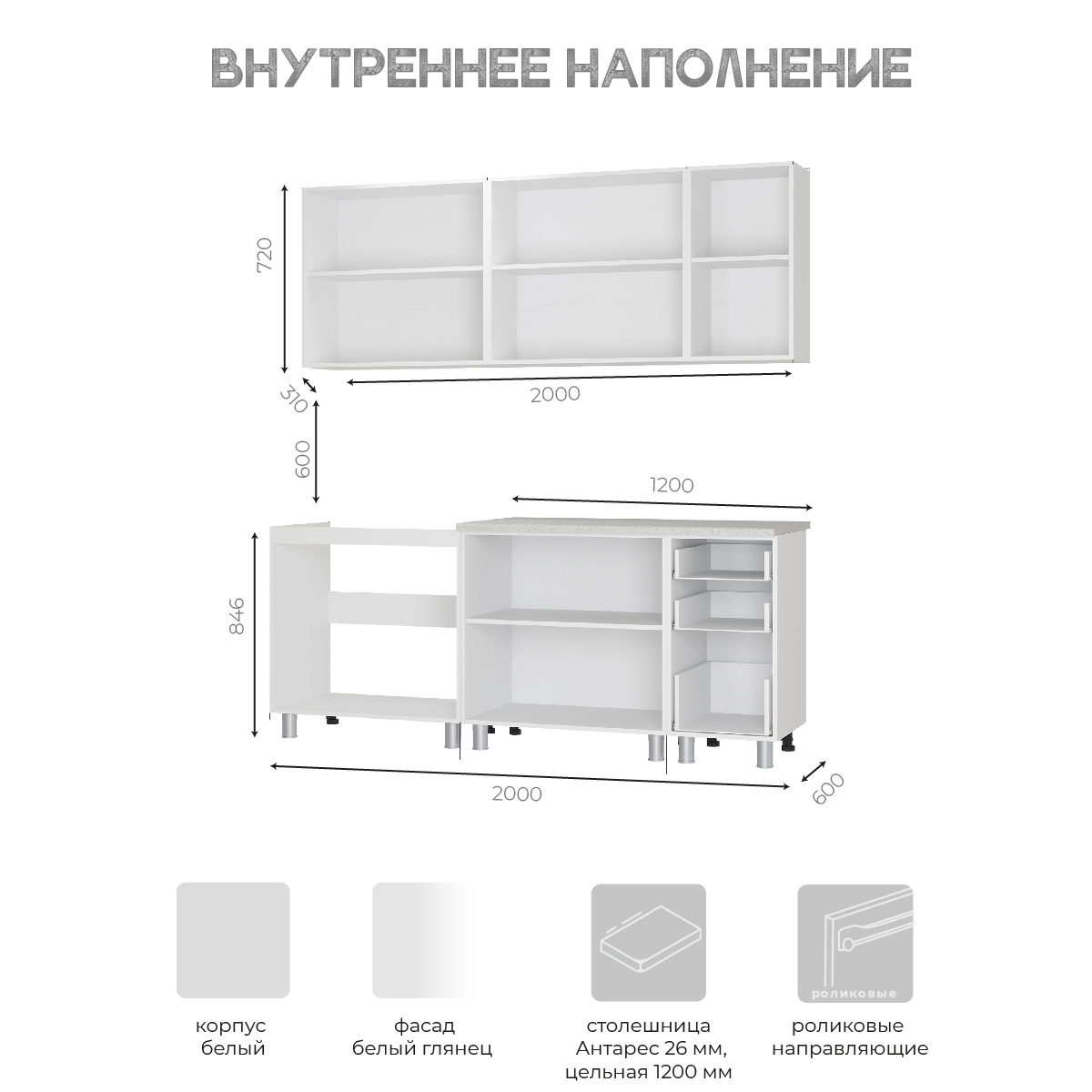 Кухня "Дина" 2,0 м Белый глянец