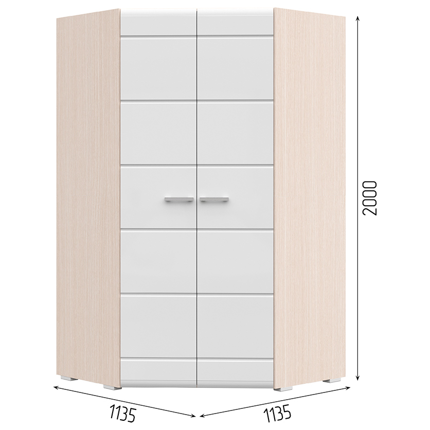 Спальня СИМБА шкаф угловой двухстворчатый (1,14х2,0х1,14) фасад МДФ БЕЛЫЙ ГЛЯНЕЦ/корпус БЕЛФОРТ