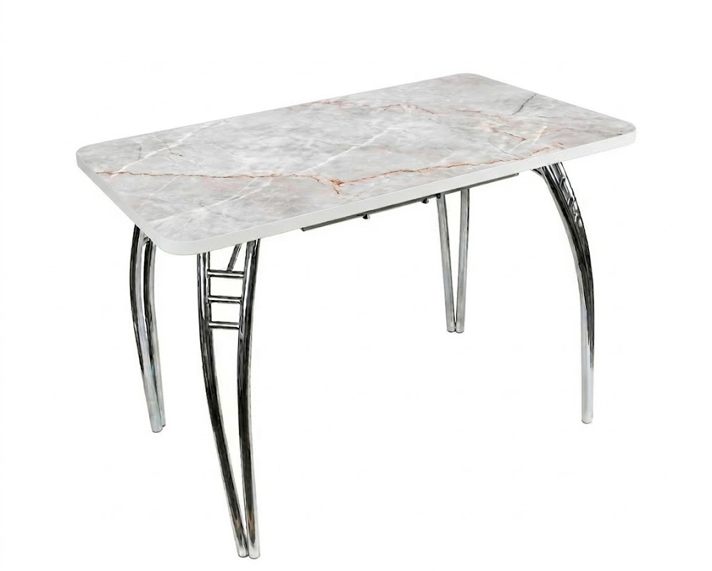 Стол Паук цельносварной раздв. БАБОЧКА 300мм (хром) кромка белая/Ф-ть 502 (Мрамор белый)