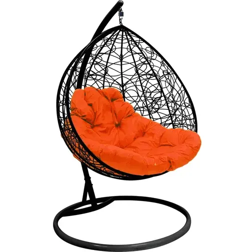 Подвесное кресло ДЛЯ ДВОИХ с ротангом чёрное, оранжевая подушка