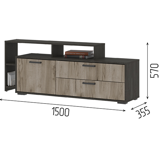 ЭДИНБУРГ ТБ 02 Тумба ТВ (1,502х0,568х0,350) Фасад ДУБ КРАФТ СЕРЫЙ/Корпус ЖЕЛЕЗНЫЙ КАМЕНЬ