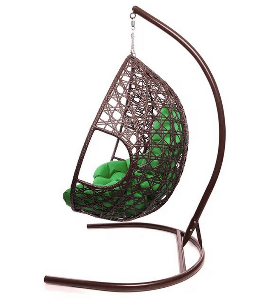 Подвесное кресло ДЛЯ ДВОИХ с ротангом коричневое, зелёная подушка