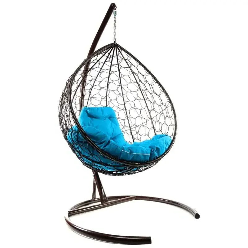Подвесное кресло КАПЛЯ с ротангом коричневое, голубая подушка