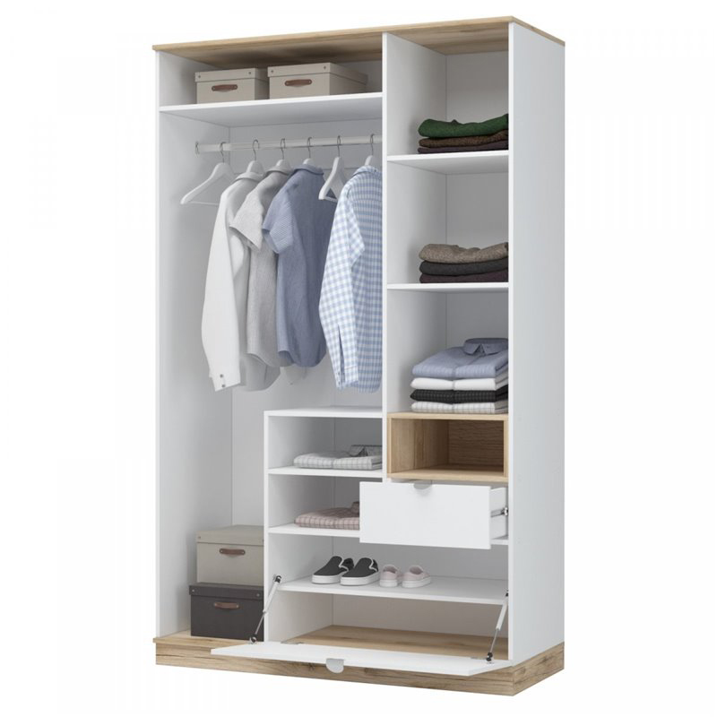 ЮККИ ШК 1Я 1350 Шкаф 3х створчатый с зеркалом (1350х2200х550) Фасад БЕЛЫЙ/Корпус ДУБ ДЕЛАНО