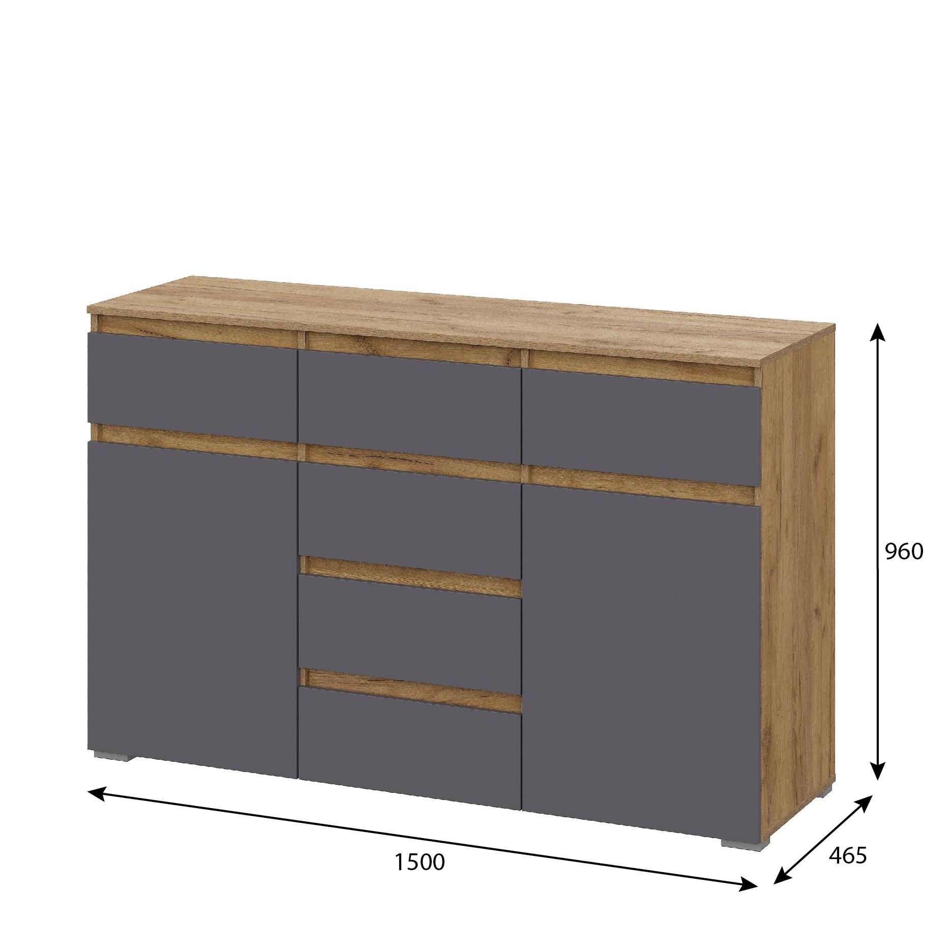 Люмо Комод КМ 05 (6 ящиков) 1502х958х460 (ДУБ КРАФТ ЗОЛОТО/СЕР)