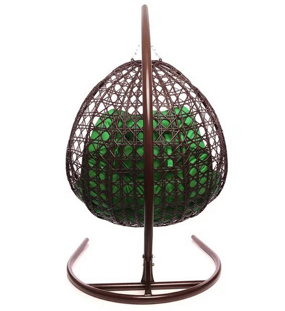 Подвесное кресло ДЛЯ ДВОИХ с ротангом коричневое, зелёная подушка