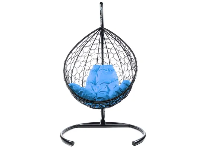 Подвесное кресло КАПЛЯ с ротангом чёрное, голубая подушка