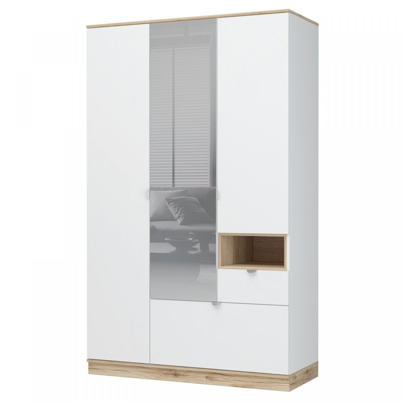 ЮККИ ШК 1Я 1350 Шкаф 3х створчатый с зеркалом (1350х2200х550) Фасад БЕЛЫЙ/Корпус ДУБ ДЕЛАНО