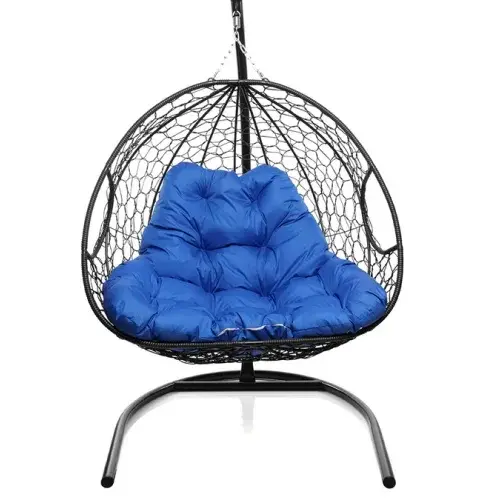 Подвесное кресло ДЛЯ ДВОИХ с ротангом чёрное, синяя подушка