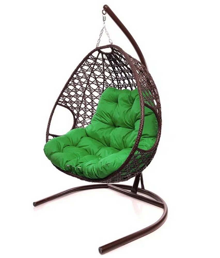 Подвесное кресло ДЛЯ ДВОИХ с ротангом коричневое, зелёная подушка