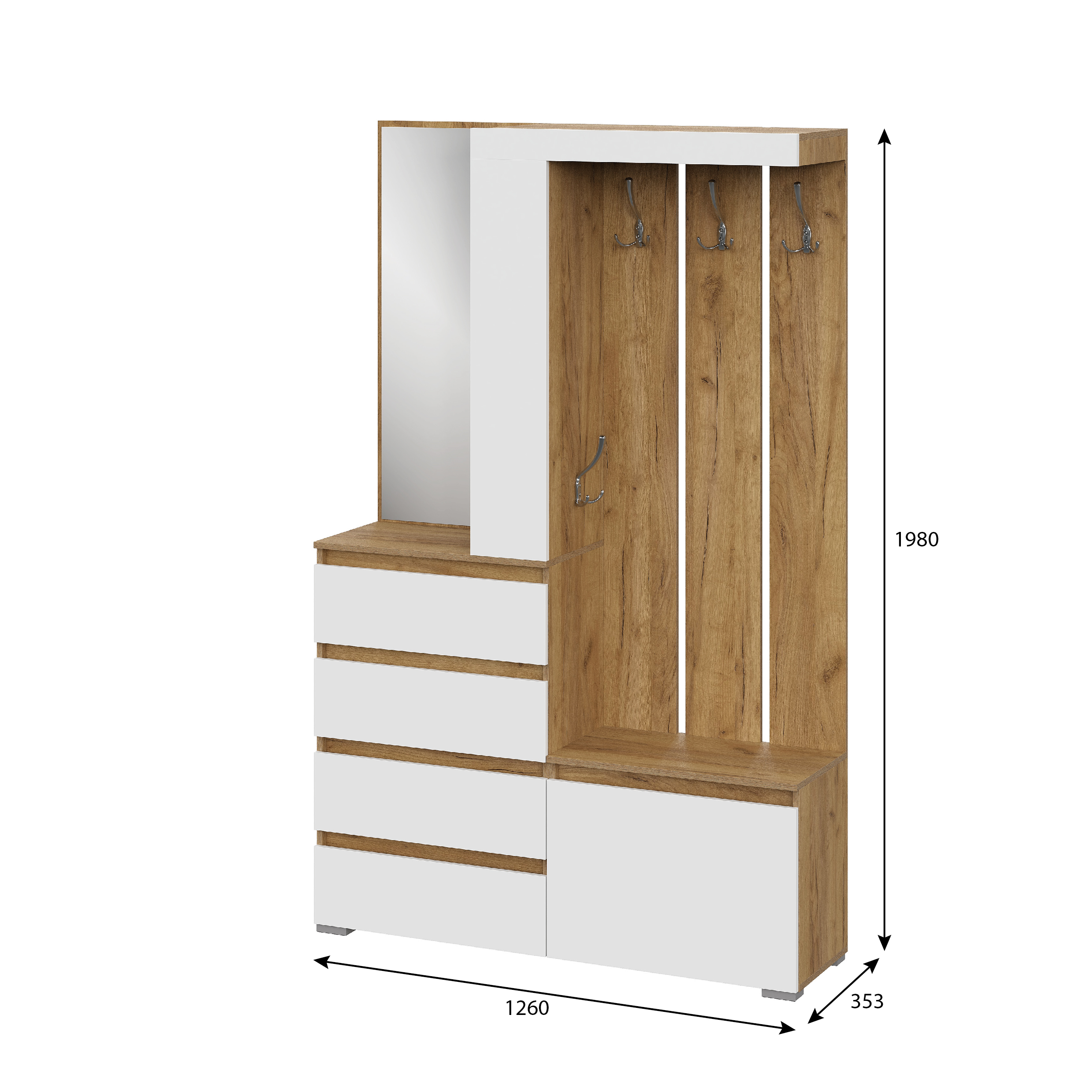 Люмо Прихожая 1260х1980х353 (ДУБ КРАФТ ЗОЛОТО/БЕЛ)