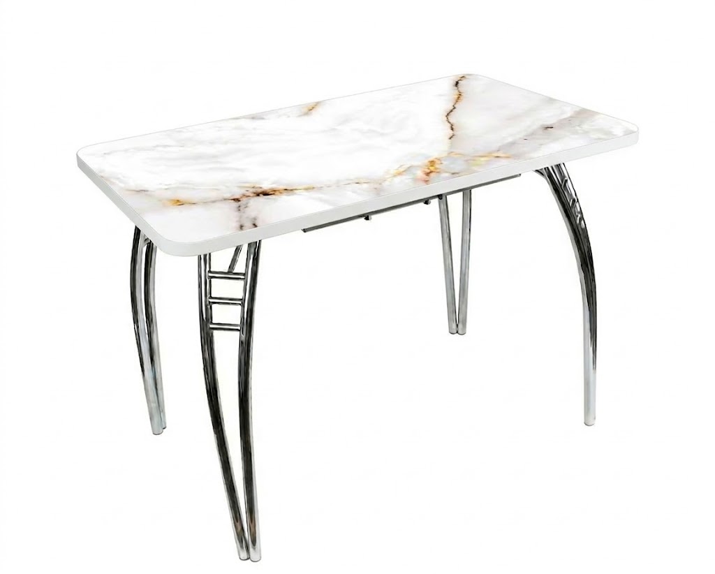Стол Паук цельносварной раздв. БАБОЧКА 300мм (хром) кромка белая/Ф-ть 404 (Мрамор белый-золото)