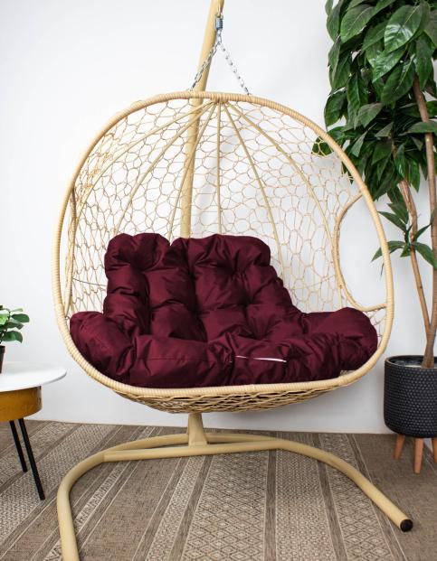 Подвесное кресло ДЛЯ ДВОИХ с ротангом бежевое, бордовая подушка