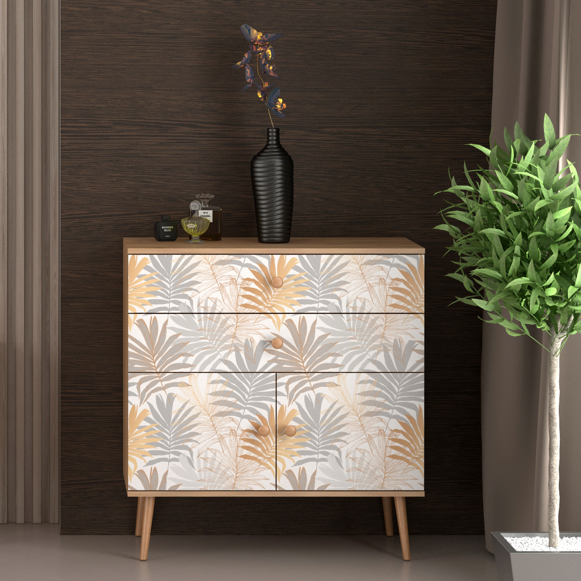 Комод-1 "Art design Flora"-Дуб крафт золотой/Белый с рисунком