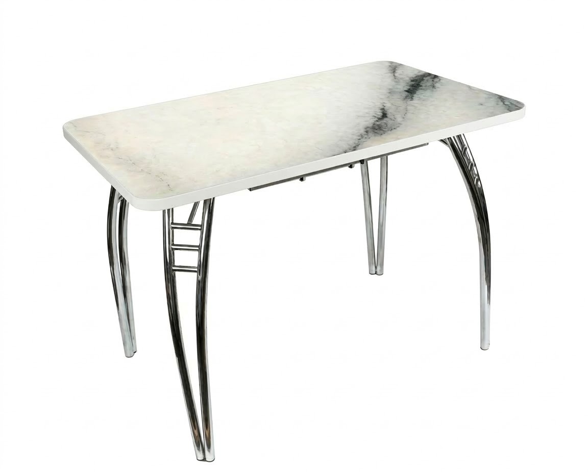 Стол Паук цельносварной раздв. БАБОЧКА 300мм (хром) кромка Белая/Пл.Мрамор белый