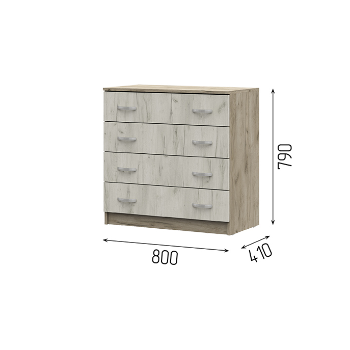 Спальня БАССА КМ 554-М комод 4 ящика (800х790х410) фасад ДУБ КРАФТ БЕЛЫЙ/корпус ДУБ КРАФТ СЕРЫЙ