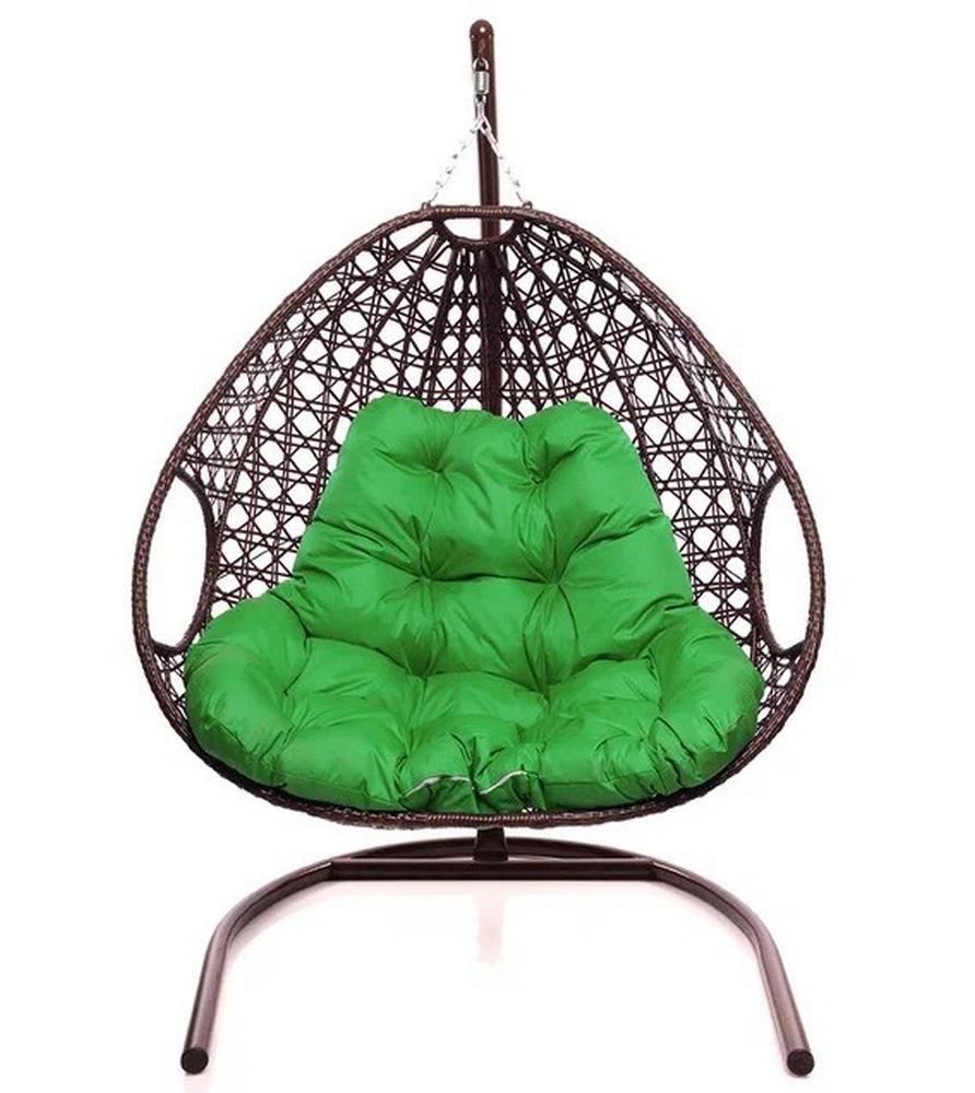 Подвесное кресло ДЛЯ ДВОИХ с ротангом коричневое, зелёная подушка