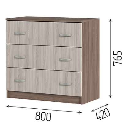 Спальня БАССА КМ 551-М комод 3 ящика (800х766х410) Фасад ШИМО СВЕТЛ/Корпус ШИМО ТЕМН