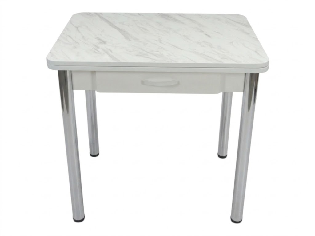 Стол Ломберный с ящ 600*800 (1200) ноги хром Белое Пл.188 мрамор крестола