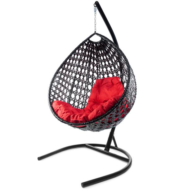 Подвесное кресло КАПЛЯ с ротангом чёрное, красная подушка