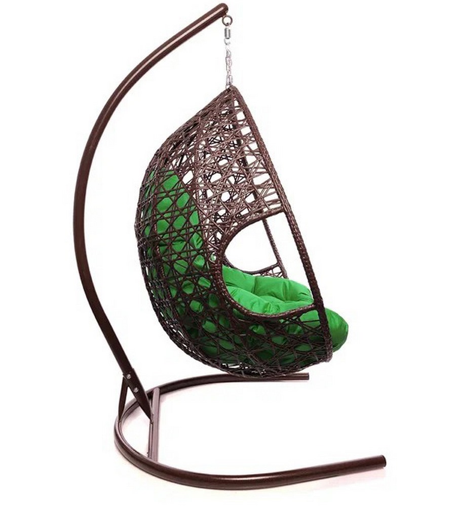 Подвесное кресло ДЛЯ ДВОИХ с ротангом коричневое, зелёная подушка