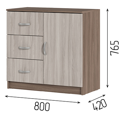 Спальня БАССА КМ 553-М комод 3 ящика 1 створка (800х766х410) фасад ШИМО СВЕТЛ/корпус ШИМО ТЕМН