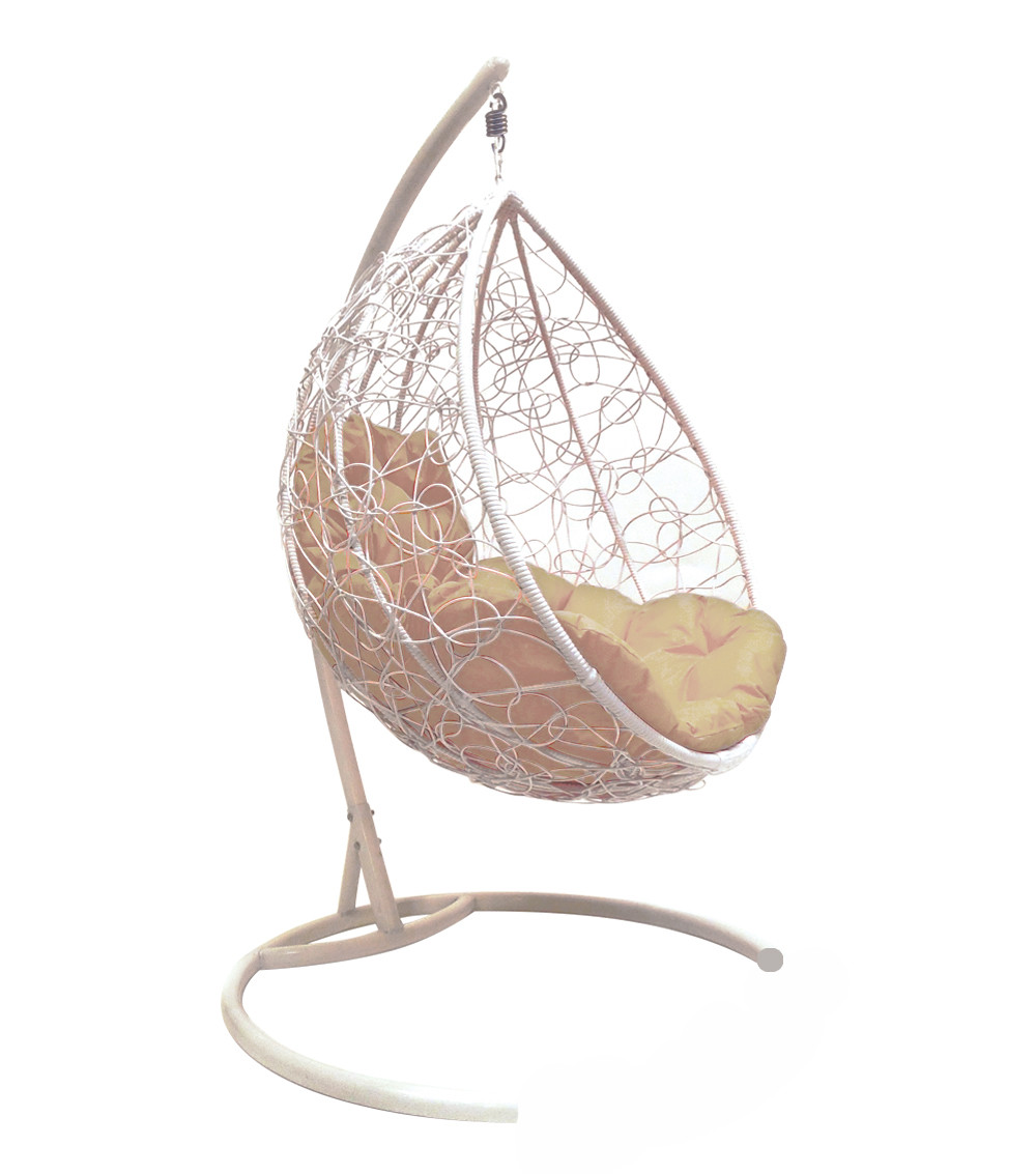 Подвесное кресло КАПЛЯ с ротангом белое, бежевая подушка
