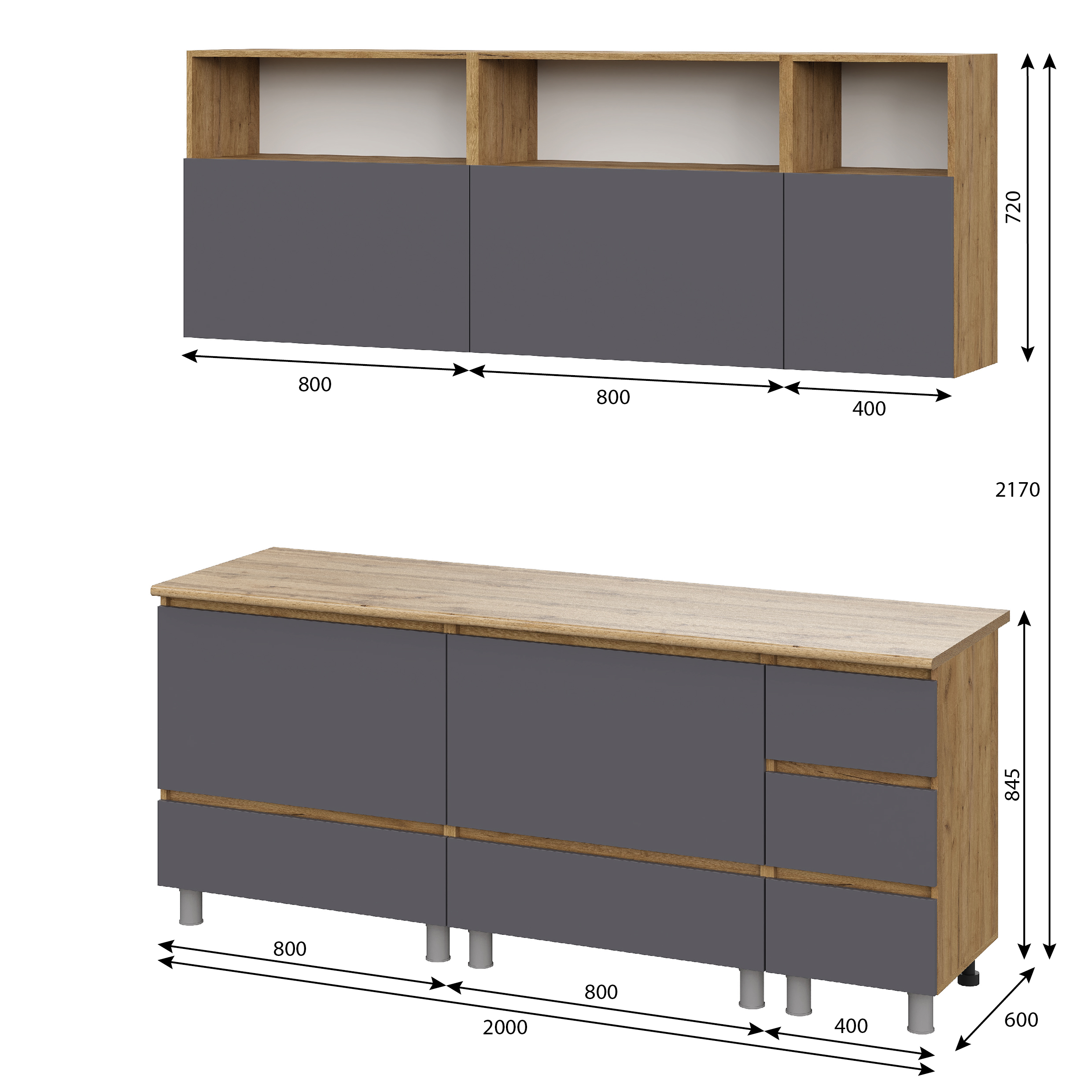 Люмо Кухонный гарнитур со столешницей 2000х2170х600, ДУБ КРАФТ ЗОЛОТО/СЕР