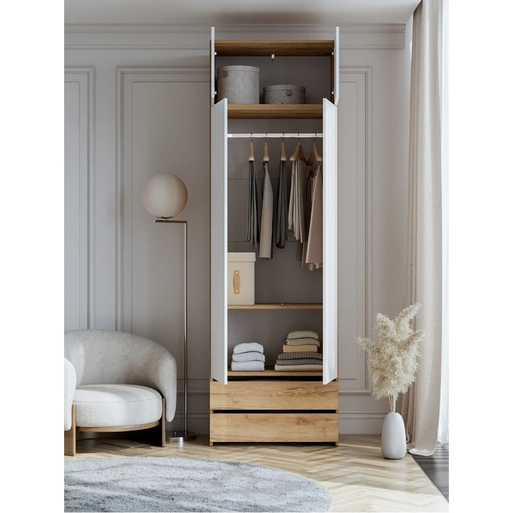 Модульная система "Абрау" Шкаф двухстворчатый (с ящиками) (Дуб Золотой/Белый)