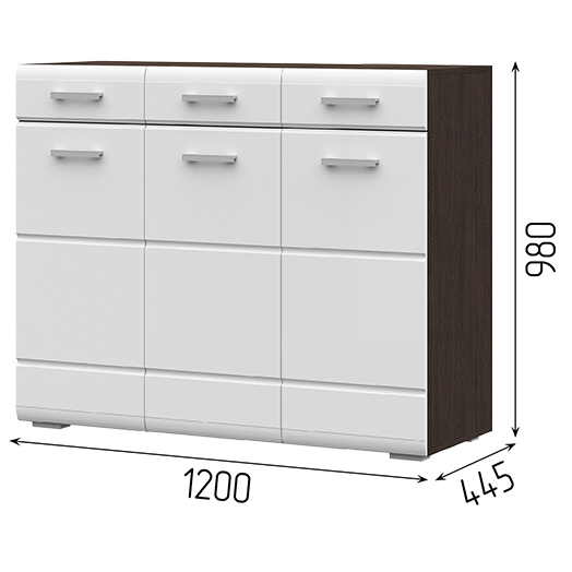 Спальня ВЕГАС комод 3 ящика (1,2х0,985х0,446) фасад МДФ БЕЛЫЙ ГЛЯНЕЦ/корпус ВЕНГЕ
