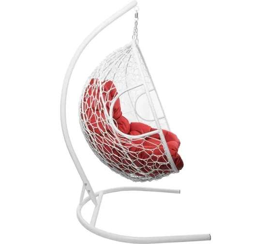 Подвесное кресло ДЛЯ ДВОИХ с ротангом белое, красная подушка