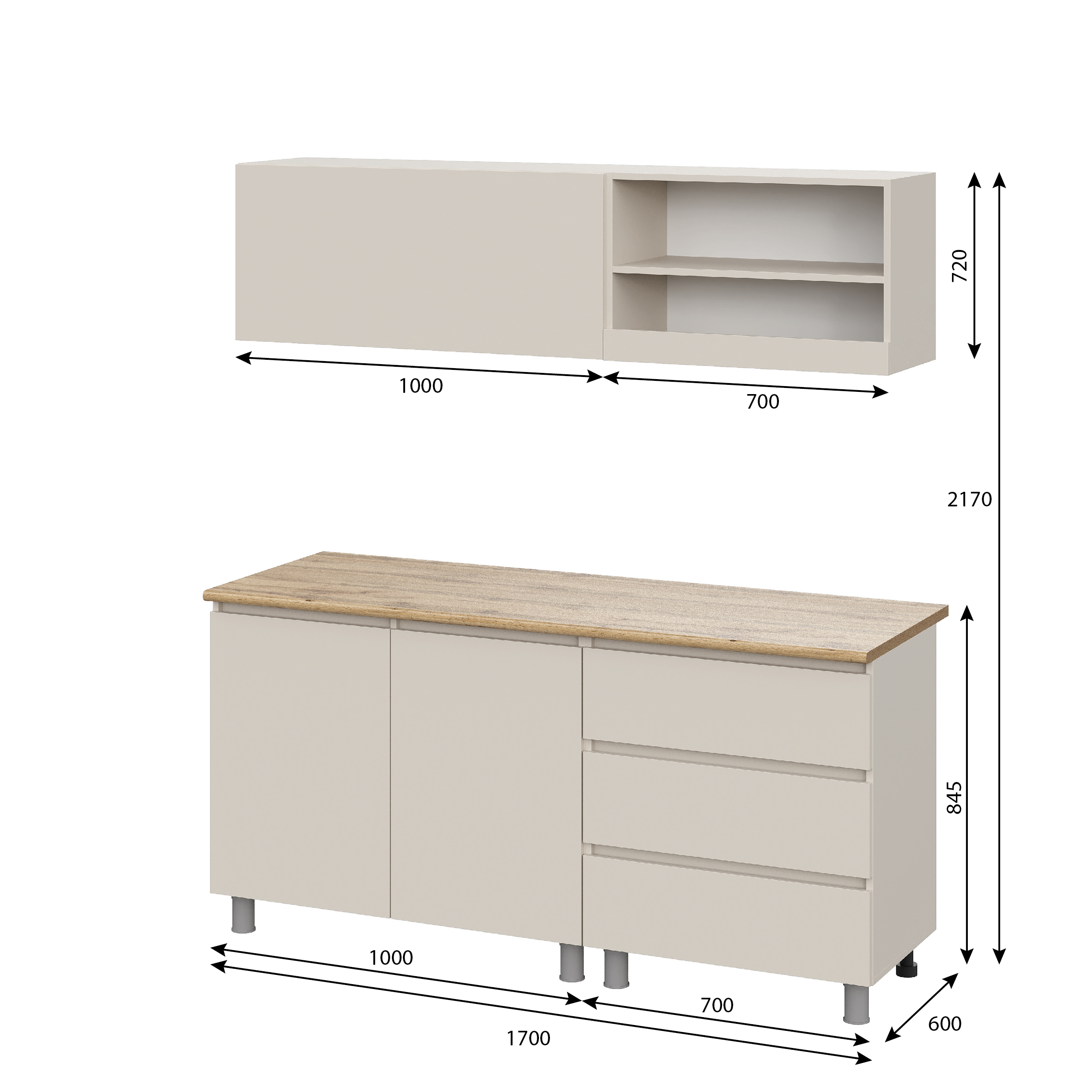 Люмо Кухонный гарнитур со столешницей 1700х1900х600, Кашемир