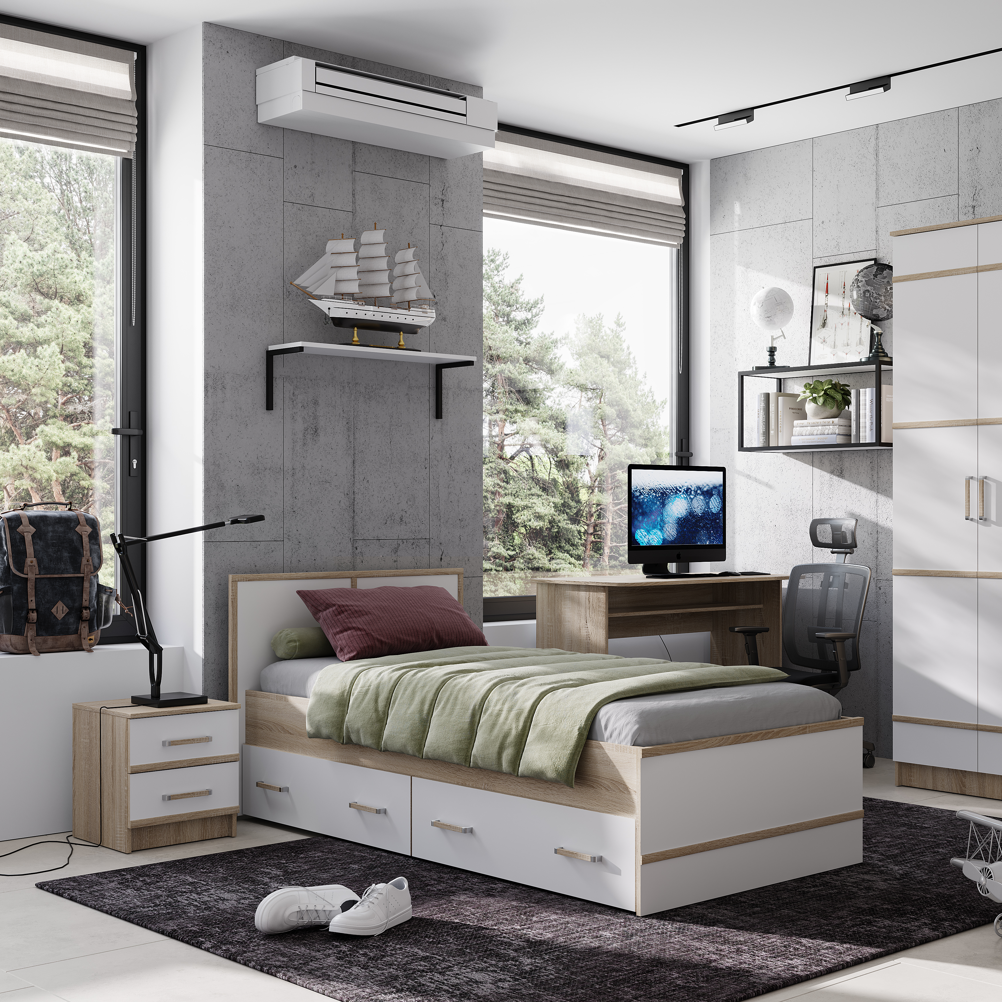 Кровать 0,9 м "Сакура" дуб сонома/белый