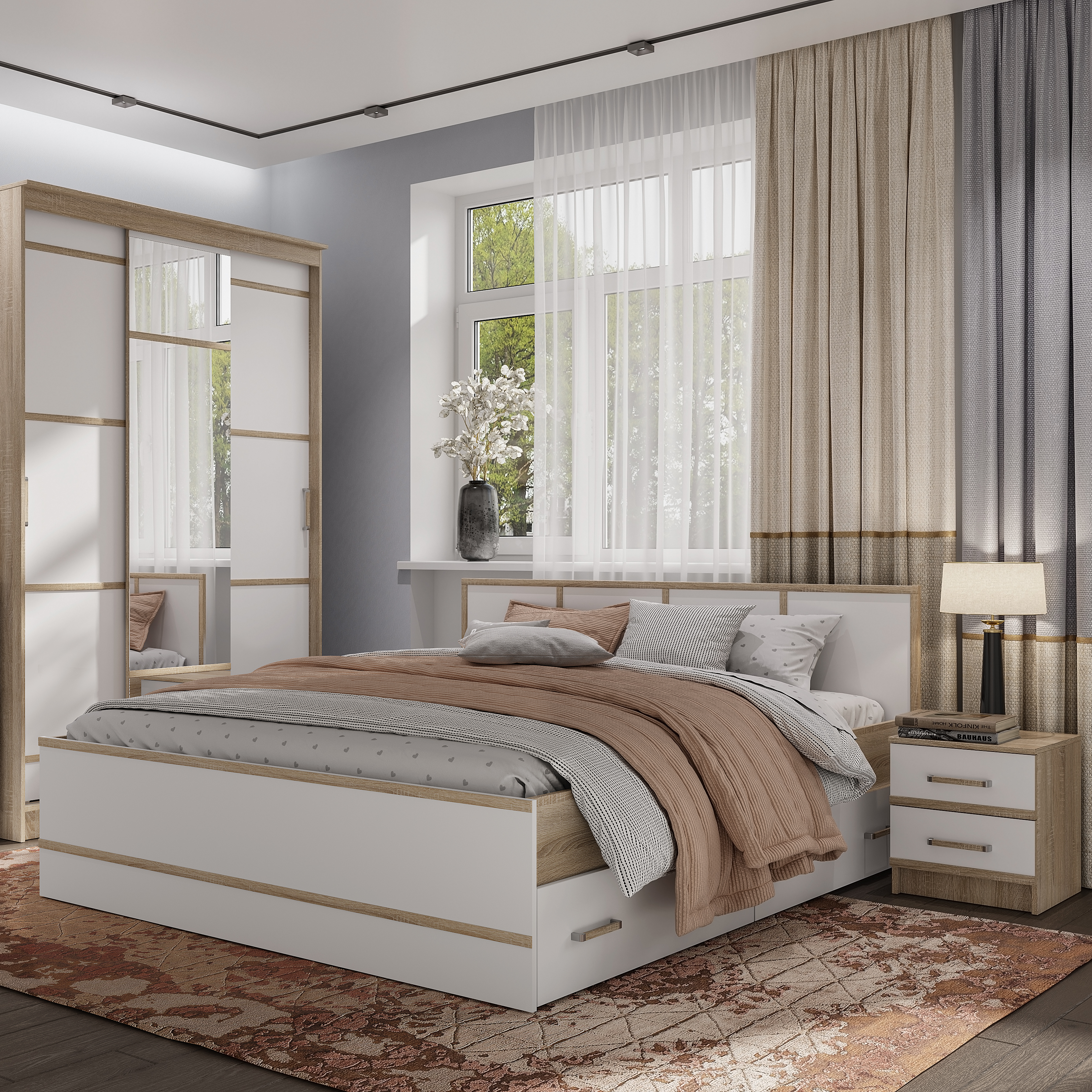 Кровать 1,4 м "Сакура" дуб сонома/белый