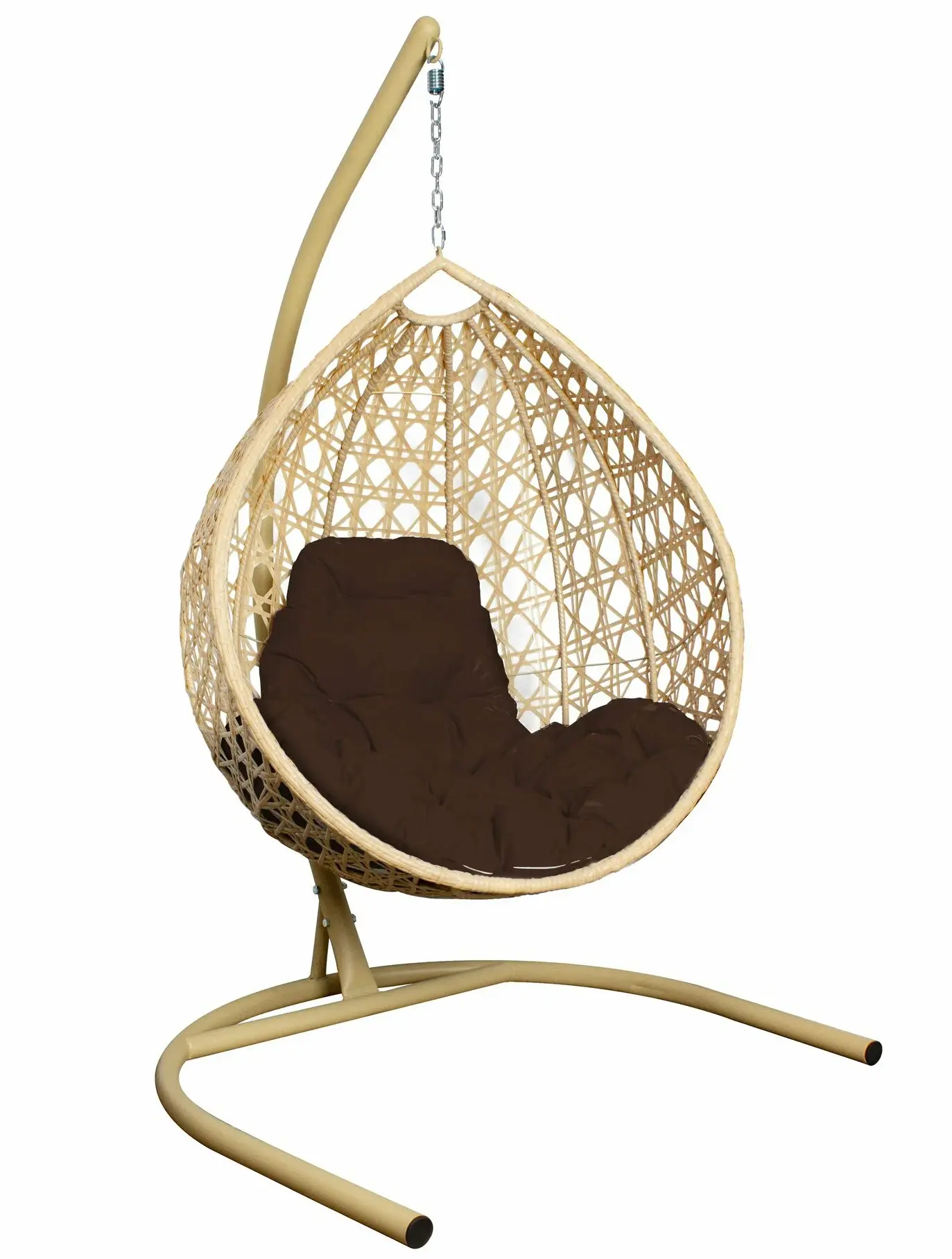 Подвесное кресло КАПЛЯ с ротангом бежевое, коричневая подушка