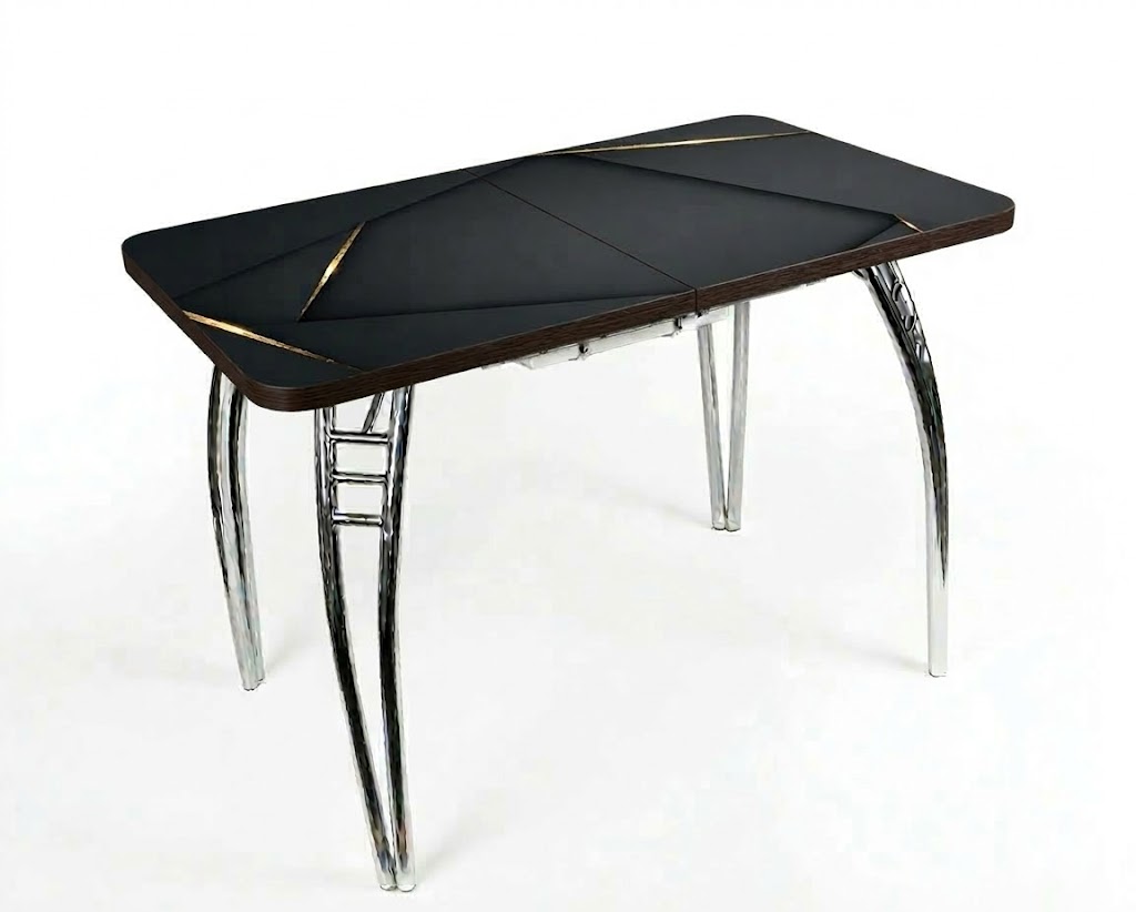 Стол Паук цельносварной раздв. БАБОЧКА 300мм (хром) кромка венге/Ф-ть 152 (Мрамор черный-золото)
