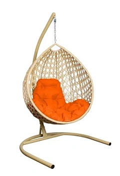 Подвесное кресло КАПЛЯ с ротангом бежевое, оранжевая подушка