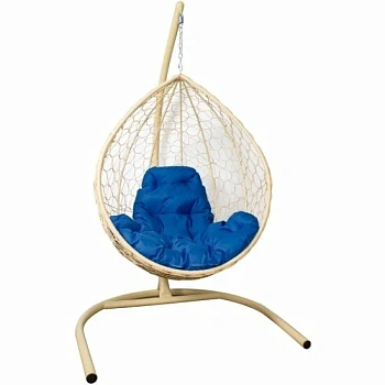 Подвесное кресло КАПЛЯ с ротангом бежевое, голубая подушка