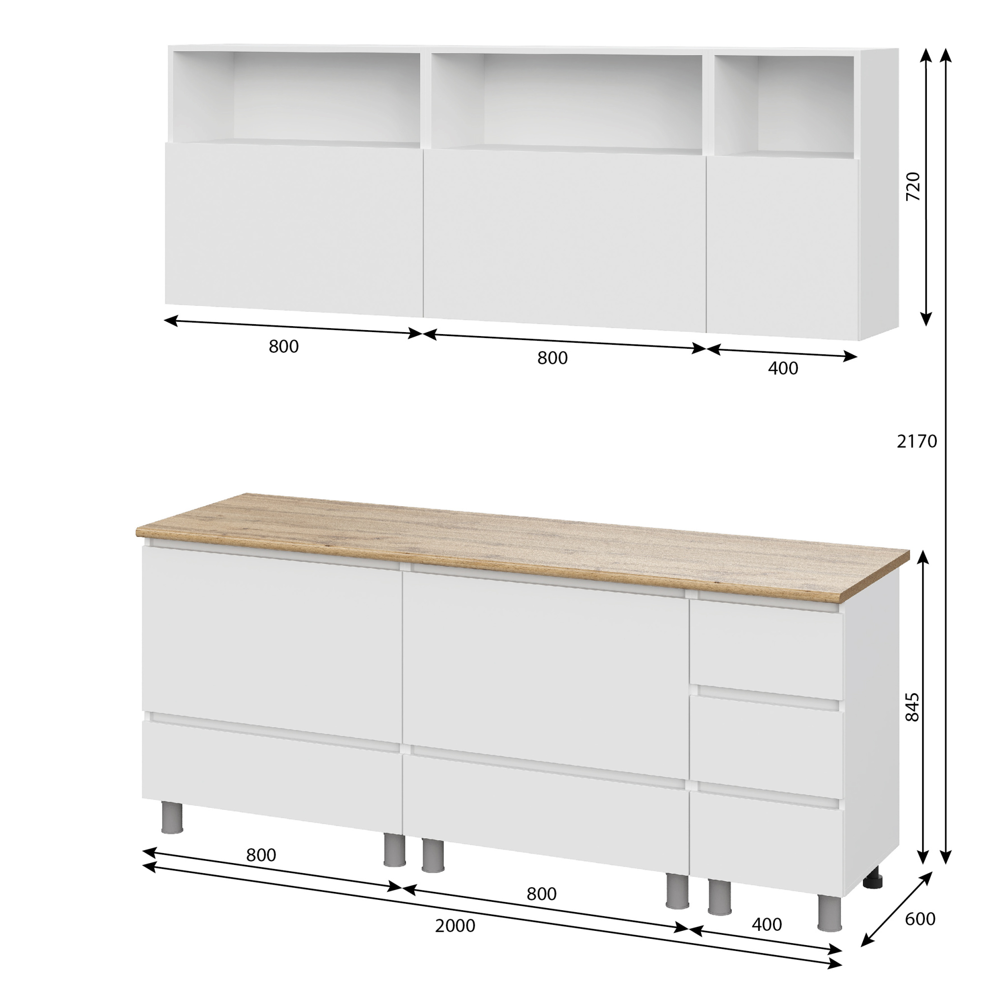 Люмо Кухонный гарнитур со столешницей 2000х2170х600, БЕЛ/БЕЛ
