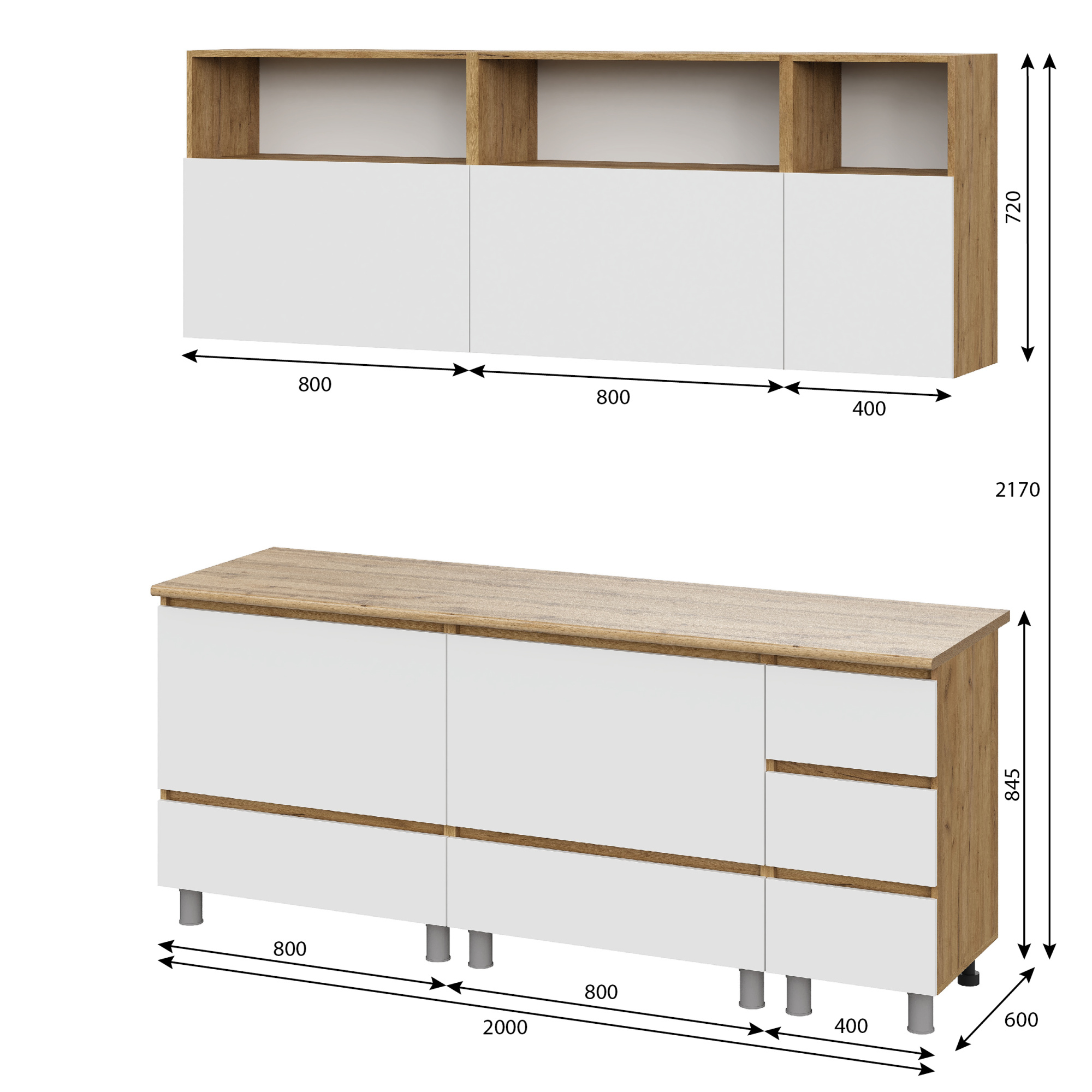 Люмо Кухонный гарнитур со столешницей 2000х2170х600, ДУБ КРАФТ ЗОЛОТО/БЕЛ