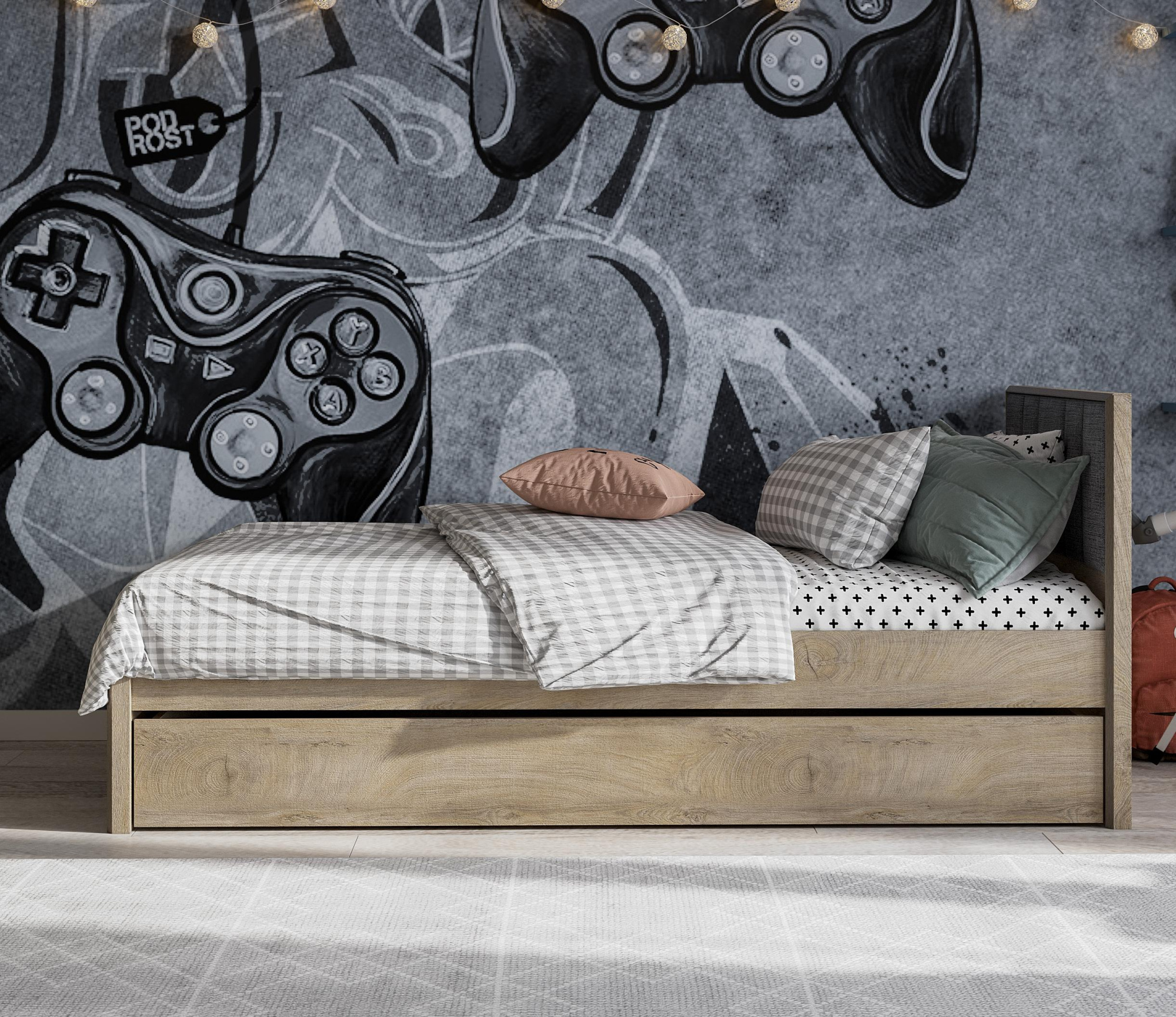 Модульная система "Этна"  Кровать 900 (кр1) АБ (Дуб Эндгрейн/Белый гладкий)