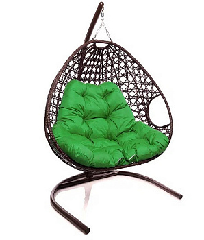 Подвесное кресло ДЛЯ ДВОИХ с ротангом коричневое, зелёная подушка