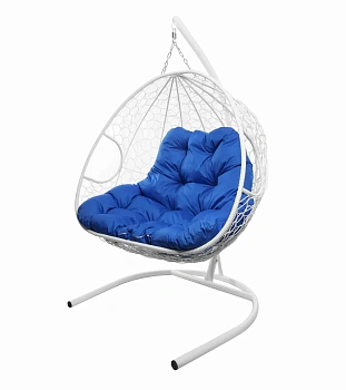 Подвесное кресло ДЛЯ ДВОИХ с ротангом белое, голубая подушка