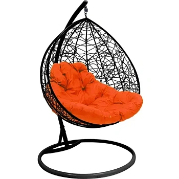 Подвесное кресло ДЛЯ ДВОИХ с ротангом чёрное, оранжевая подушка