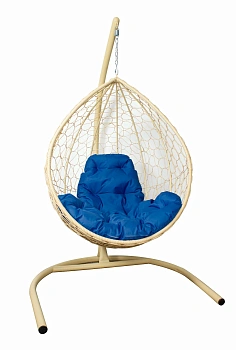 Подвесное кресло КАПЛЯ с ротангом бежевое, синяя подушка