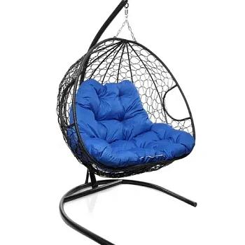 Подвесное кресло ДЛЯ ДВОИХ с ротангом чёрное, синяя подушка