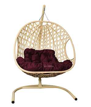 Подвесное кресло ДЛЯ ДВОИХ с ротангом бежевое, бордовая подушка