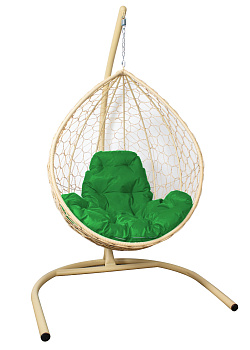 Подвесное кресло КАПЛЯ с ротангом бежевое, зелёная подушка