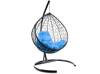 Подвесное кресло КАПЛЯ с ротангом чёрное, голубая подушка